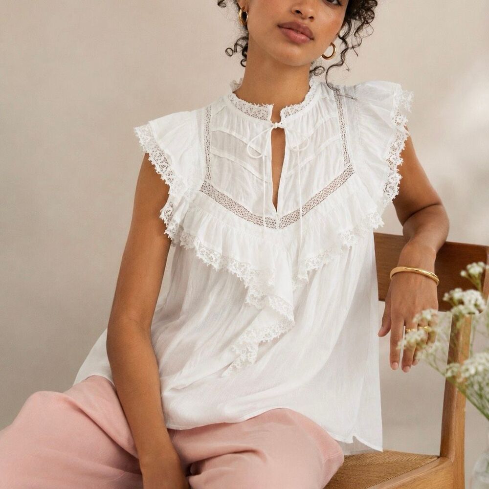 ULLA JOHNSON Fannie White Lace Flutter Sleeve Top Size 6 Medium Cotton